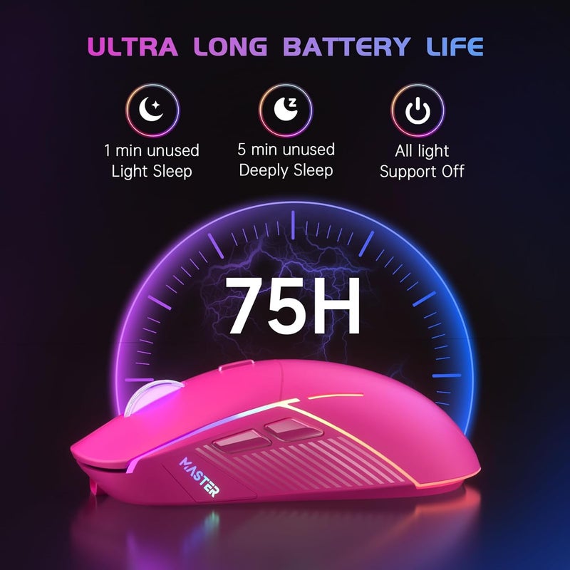 FFJ Wireless Gaming Mouse, 24000 DPI, Tri-Mode 2.4G/USB-C/Bluetooth 5.3 Gaming Mouse Wireless, RGB Programmable Mouse Gamer, 75Hrs Battery Life, Rechargeable Gaming Mice for PC, Mac, PS5, Xbox-Magenta - Image 5